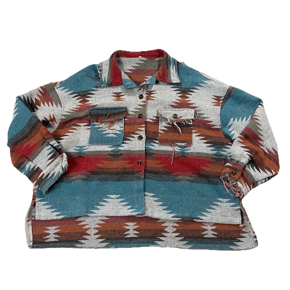 Southwestern Aztec Western Long Sleeve Button Up Jacket Raw Hem Women XL Country